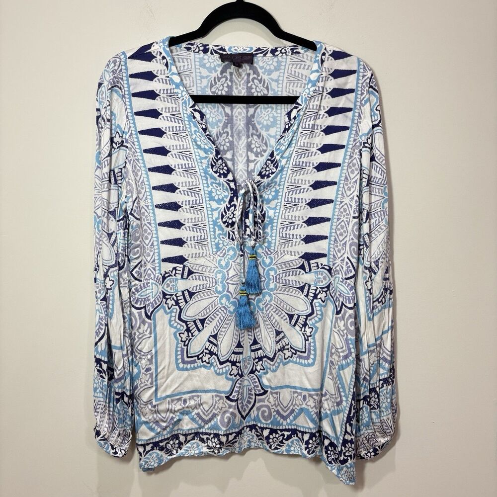 Hale Bob Blue Purple Floral Tunic Top M Long Sleeve Tassels Boho Chic Artsy